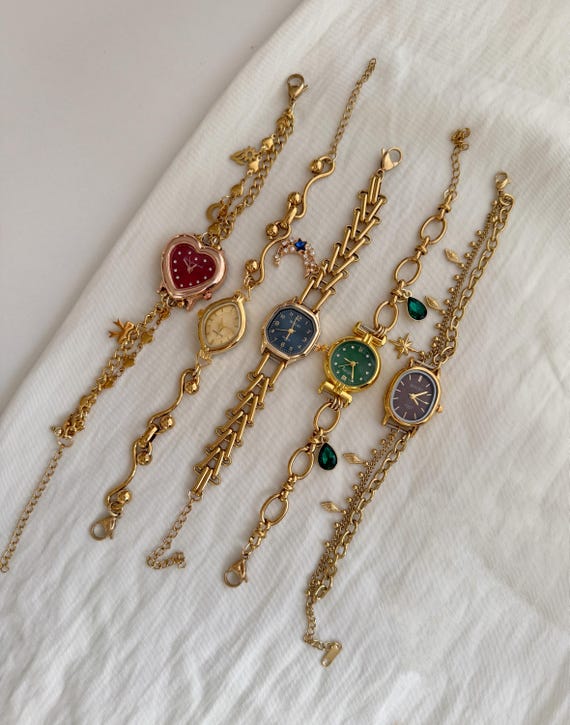 Handmade Watch Bracelet, Vintage Gold Watch Jewelry for Women, Retro Watch Jewelry,Y2K Charms Watch Bracelet,Tiny Wrist Watch,Gift for Her