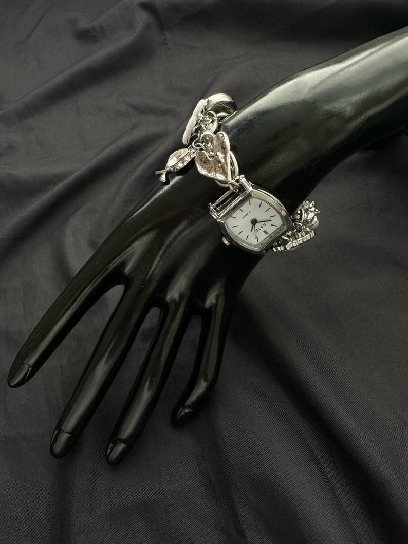 Vintage Sliver Watch Bracelet | Handmade Charm Bracelet | Retro-Inspired Jewelry |Steampunk Watch |Statement Bracelet|Unique Gift for Women image 9