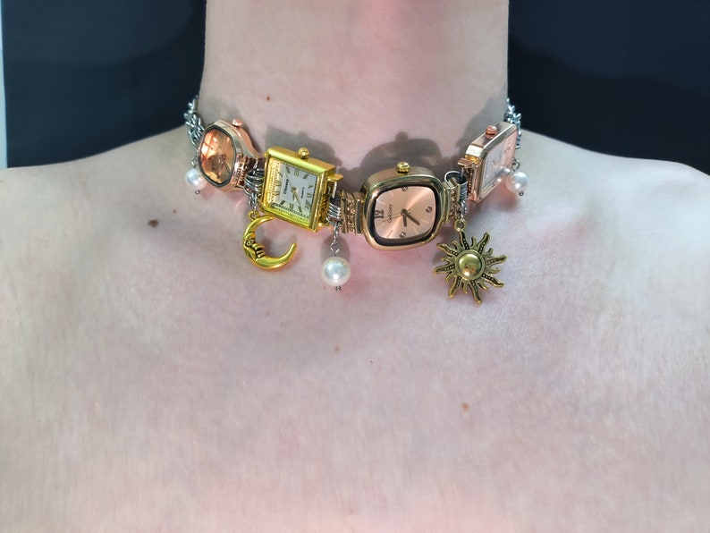 Three Gold Watch Choker Necklace,punk Watch Face Necklace,art Inspired