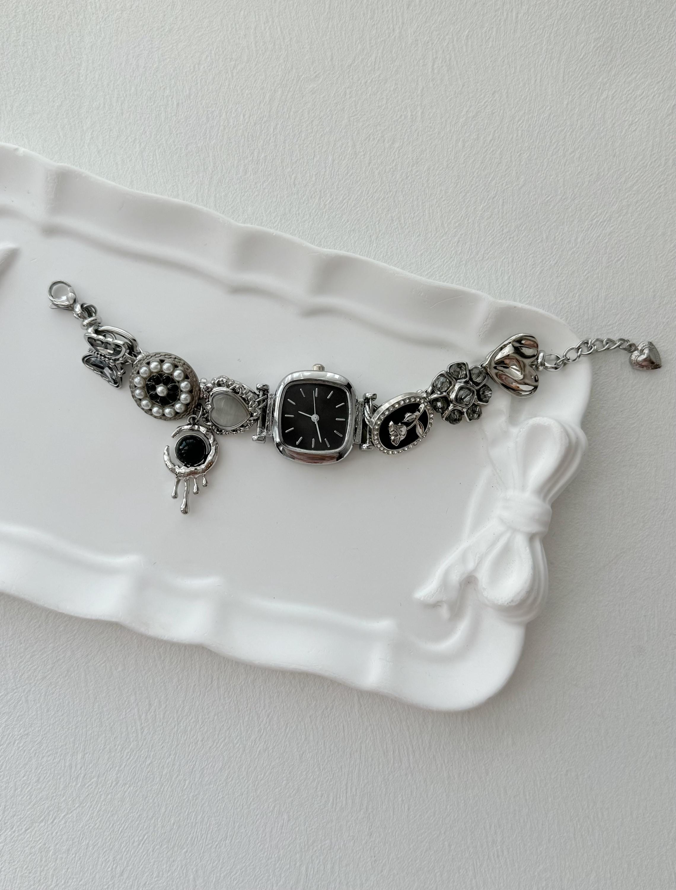 Punk Watch Bracelet | Black & White Y2k Clock Bracelet | Floral Charms Pendent Bracelet | Vintage Women Watch Sliver Chain,Personalized Gift