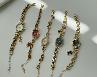 Small Gold Watches Bracelet for Women,Vintage Style Watch Bracelets,Tiny Dial Charms Watch Bracelets Wristwatch Jewelry,Retro Gift Idea