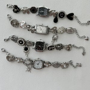 Punk Watch Bracelet | Black & White Y2k Clock Bracelet | Floral Charms Pendent Bracelet | Vintage Women Watch Sliver Chain,Personalized Gift