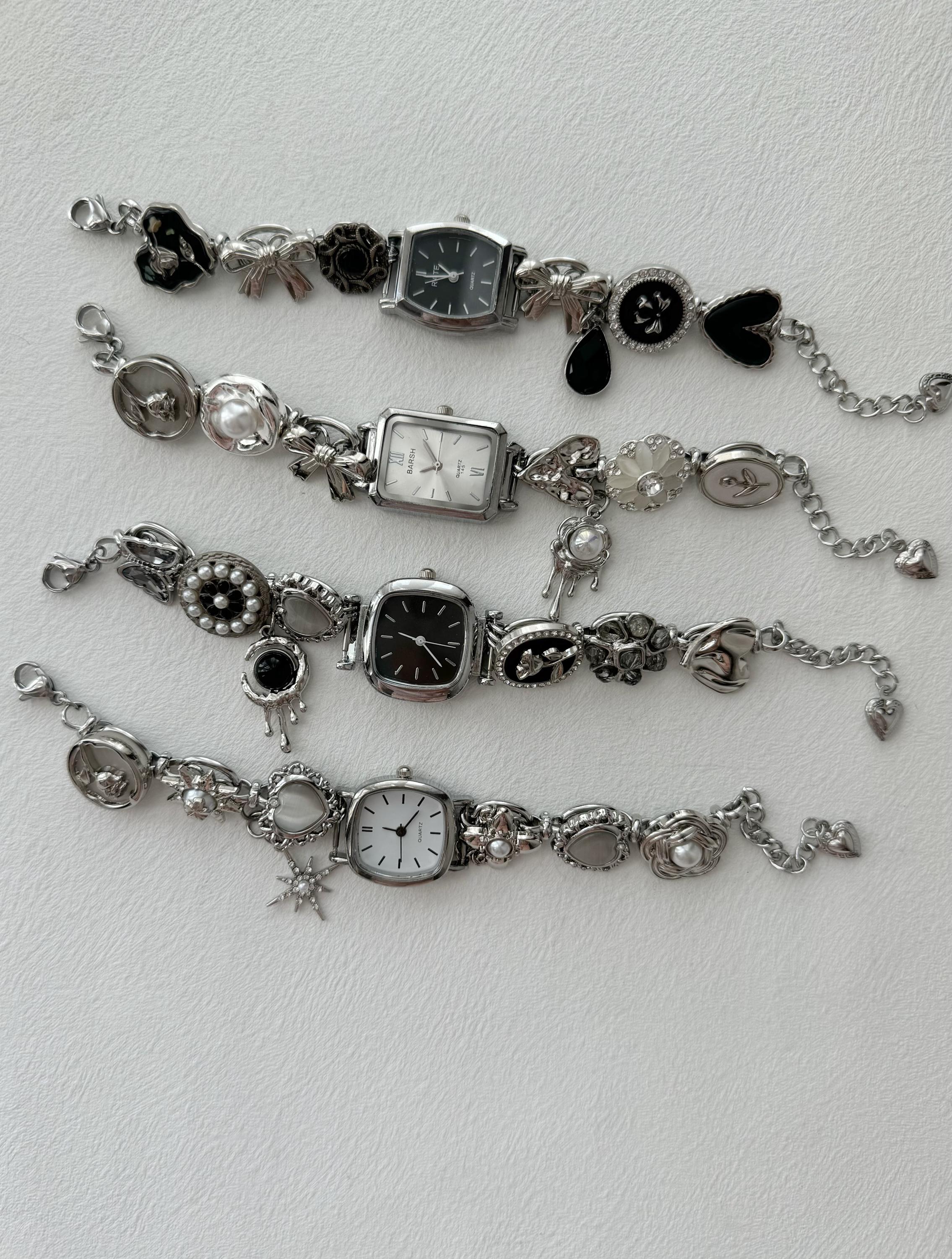 Punk Watch Bracelet | Black & White Y2k Clock Bracelet | Floral Charms Pendent Bracelet | Vintage Women Watch Sliver Chain,Personalized Gift