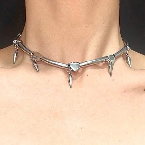 Spike chain choker necklace titanium steel,heart gothic jewelry,  rivet punk necklace, punk jewellery, alternative,grunge, emo,y2k choker