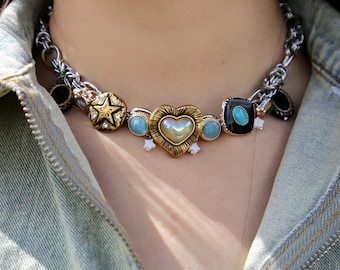 Retro choker Necklace,Gold Button Cyberpunk necklace, Ttitanium Art Inspired Funky Choker Y2K Grunge Necklace,Whimsical alternative Necklace