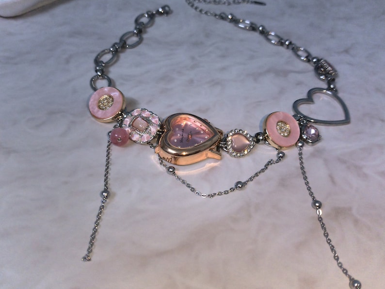 Pink Heart Watch Face Choker Necklace,Cute Clock Necklace,Heart Quartz Watch,Art Inspired Clock Necklace,Y2K Trendy Watch Necklace,Gift Idea image 5