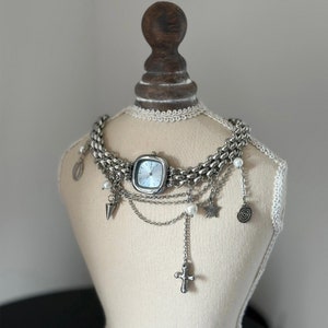 Vintage-Uhrenhalskette, Uhr-Halskette, ausgefallene Halskette, Y2K-Uhrenhalskette, Kreuzperlen-Uhrenhalskette, trendige Quarz-Halskette Bild 6