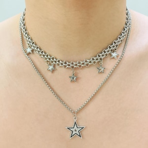 Y2K star necklace ,layered chain star choker,gothic street style,silver stainless necklace,2000s grunge silver chain necklace, Kpop necklace