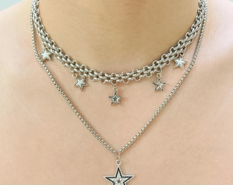 Collier étoile de l'an 2000, tour de cou étoile chaîne en couches, style gothique de rue, collier en acier inoxydable argenté, collier chaîne en argent grunge des années 2000, collier Kpop