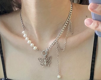 Y2k Chain Necklace,Butterfly Charm Necklace,Pearl Sliver Chain Necklace,Cyberpunk Necklace,Goth Necklace,Punk Necklace,Egirl Silver Jewelry
