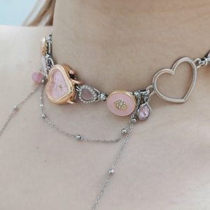 Pink Heart Watch Face Choker Necklace,Cute Clock Necklace,Heart Quartz Watch,Art Inspired Clock Necklace,Y2K Trendy Watch Necklace,Gift Idea image 3