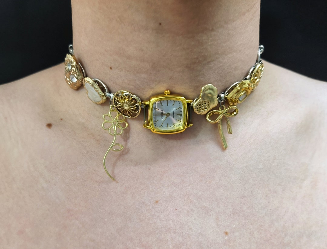 Gold Watch Choker Necklace,gold Button Bead Necklace,trend Clutter Cool