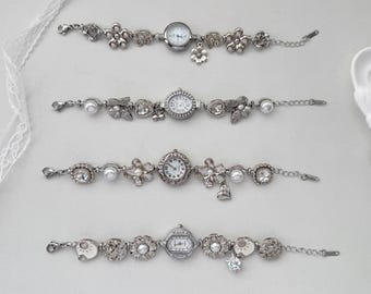 White Sliver Watch Bracelet,Art Deco Inspire  Chain Watch wite Pearls,Handmade Vintage Style Wristwatch for Women,Statement Jewelry Gift