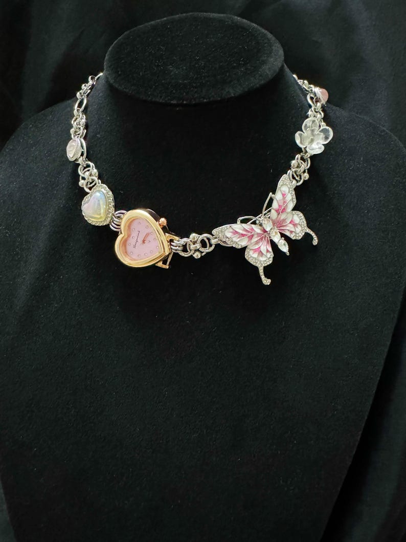 Pink Heart Watch Choker With Butterfly Pendants,cottagecore Necklace