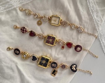 Vintage style watch charms bracelet,square dial with unique charms,retro statement jewelry,romantic antique style accessory,gift for her
