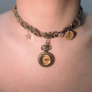y2k Watch Necklace,Pocket Watch Choker,Plush Leopard choker,Retro Gold Watch Face Necklace,Gothic Jewelry,Cute Choker Necklace,Gift idea
