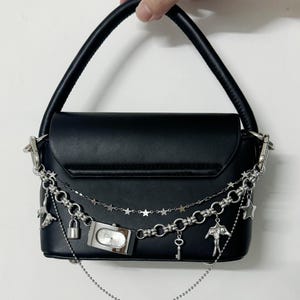 Cyberpunk Watch Face Bag Charm,Chunky Silver Bag Decorations,Grunge Bag Accessory,Unique Star Layered Bag Chain,Y2K Clock Bag Pendant