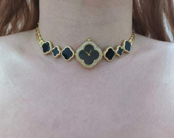 Retro-Golduhr-Halsband, vierblättriges Kleeblatt-Uhrhalsband, 80er-Jahre-Uhrenhalskette, Cyber-Schmuck, funky Uhrenschmuck, minimalistisches Goldketten-Halsband