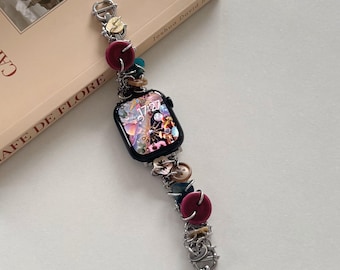 Bransoletka z łańcuszkiem w stylu vintage do zegarka Apple Watch, artystyczny, ręcznie robiony pasek na nadgarstek, kolorowy pasek do smartwatcha pasujący do zegarka Apple Watch, prezent dla kobiet