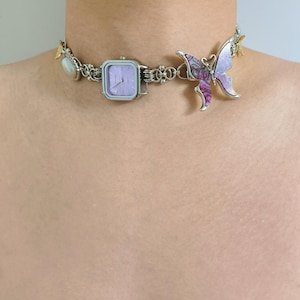purple watch choker necklace with butterfly charms,Stainless Steel necklace,punk clock necklace,metallic y2K necklace, handmade gift for her