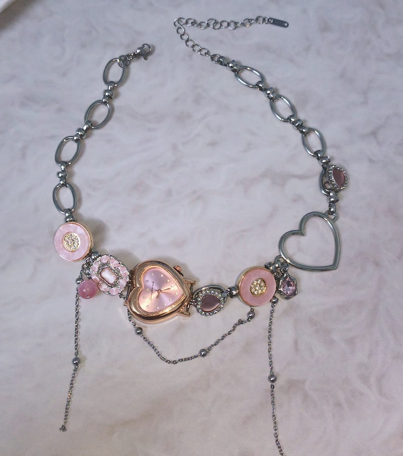 Pink Heart Watch Face Choker Necklace,Cute Clock Necklace,Heart Quartz Watch,Art Inspired Clock Necklace,Y2K Trendy Watch Necklace,Gift Idea image 4