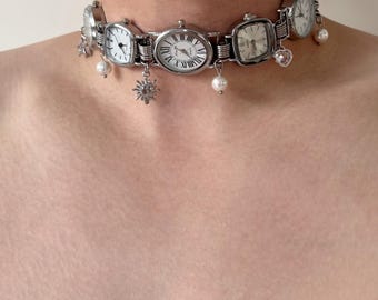 White Watch Face Choker,Silver Stacked Clock Necklace,Pearl Sun Moon Charms Neck Chain, Dark Academia Y2K Multi Layer Choker Gift