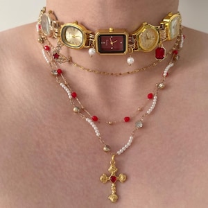Handcraft Watch Choker Necklace,Vintage Clock Choker with Layered Chain,Red Watch Choker | Punk Necklace,Elegant Victorian Style,Gift idea