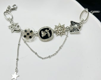 Y2k Bead Bracelet,Star and Sun Charm Jewelry,Cyber Button Bracelet,Grunge 90s Bracele,Handmade Gothic Charm,Chunky Bracelet,Hip Hop Bracelet