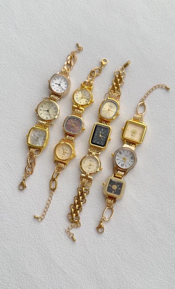 Retro Gold Watch Face Bracelet–Handmade Timepiece Bracelet–Vintage Unique Statement Wristwear Gift Steampunk Gold Bracelet–Unisex Wristwatch