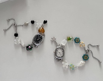 Cute Bead Watch Bracelet,Adjustable Retro Inspired Jewelry,Colorful Beads Bracelet,Girly Timepiece,Flower Bead Bracelet,Gift for Women