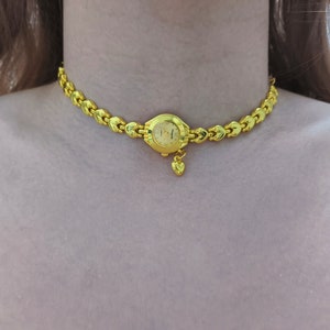 Gold heart chain watch choker neckalce,Retro gold heart charm quartz clock choker,80s clock necklace,cyber jewelry funky watch jewelry Gift
