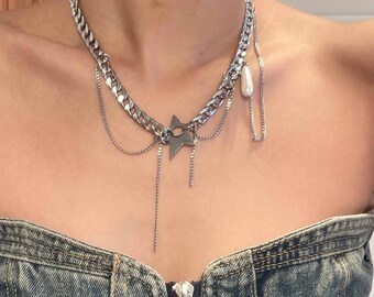 Star Necklace Sliver Chain,y2k Necklace Streetwear Chocker