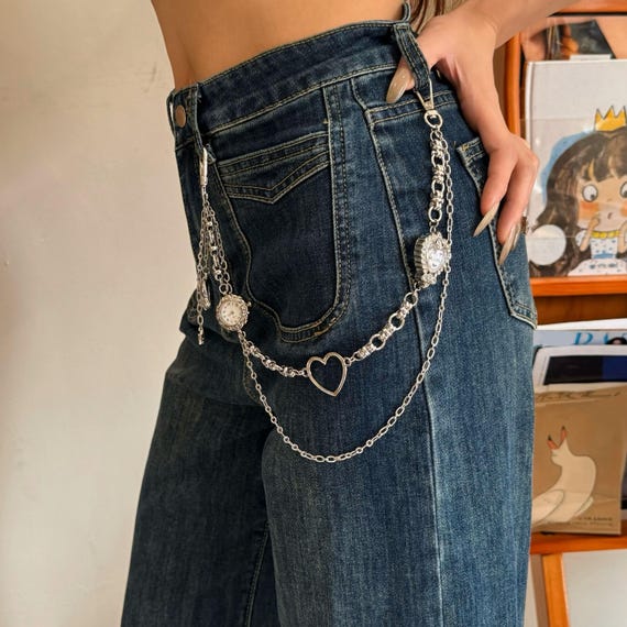 Handmade Silver Watch Jeans Chain,y2k Layered Pants Chain,heart