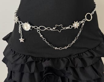 Silver Watch Chain Belt,Y2K Grunge Waist Chain with Clock Dial, Gothic Star & Sun Charm Belt, Punk Celestial Watch Waist Accessory