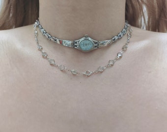 Heart Chain Watch Choker Neckalce,Blue Watch Face Clock Choker,Vintage Watch Y2k Jewelry,Alternative Jewelry,Cool Elegant Necklace,Gift Idea