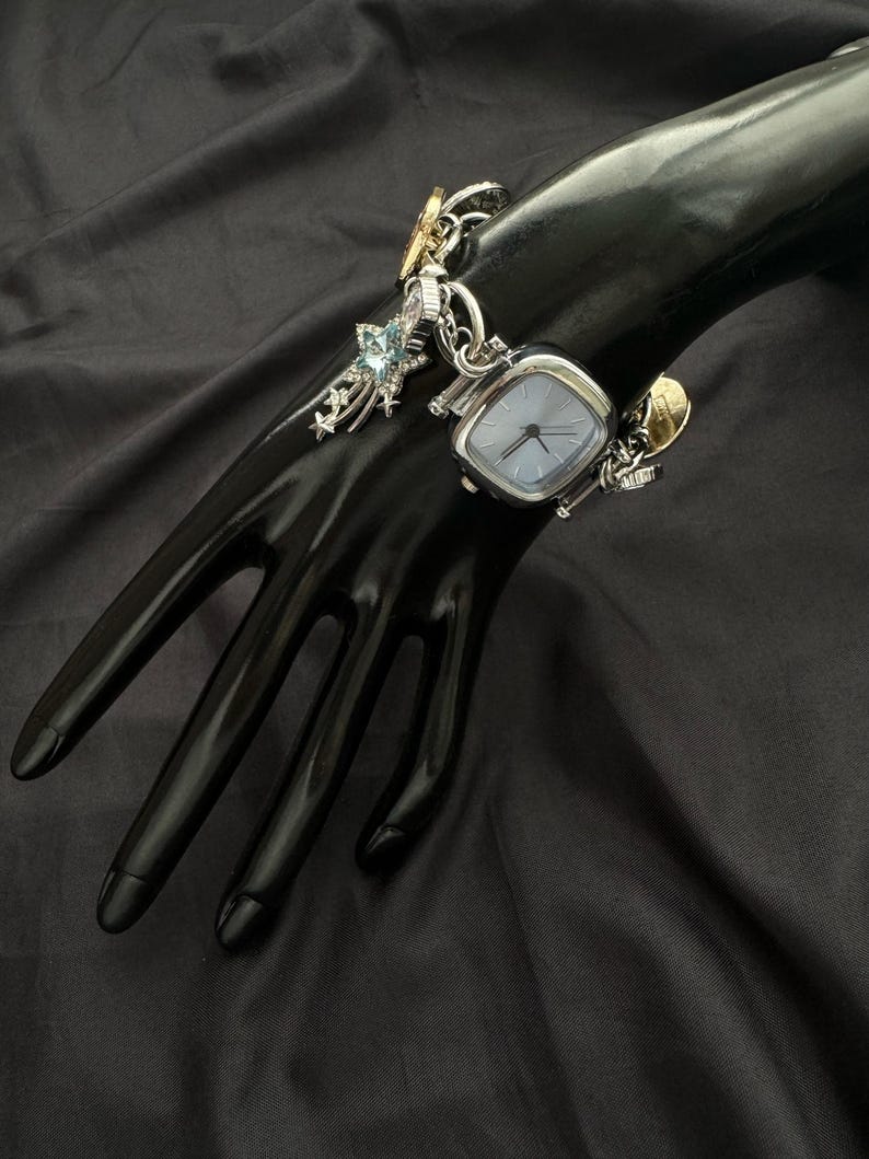 Vintage Sliver Watch Bracelet | Handmade Charm Bracelet | Retro-Inspired Jewelry |Steampunk Watch |Statement Bracelet|Unique Gift for Women image 8