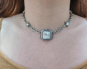 Y2k Watch Choker Neckalce,Punk Watch Choker Necklace,White Watch Face Necklace,Cyberpunk Y2K Star Necklace,Trend Sliver Cool Necklace