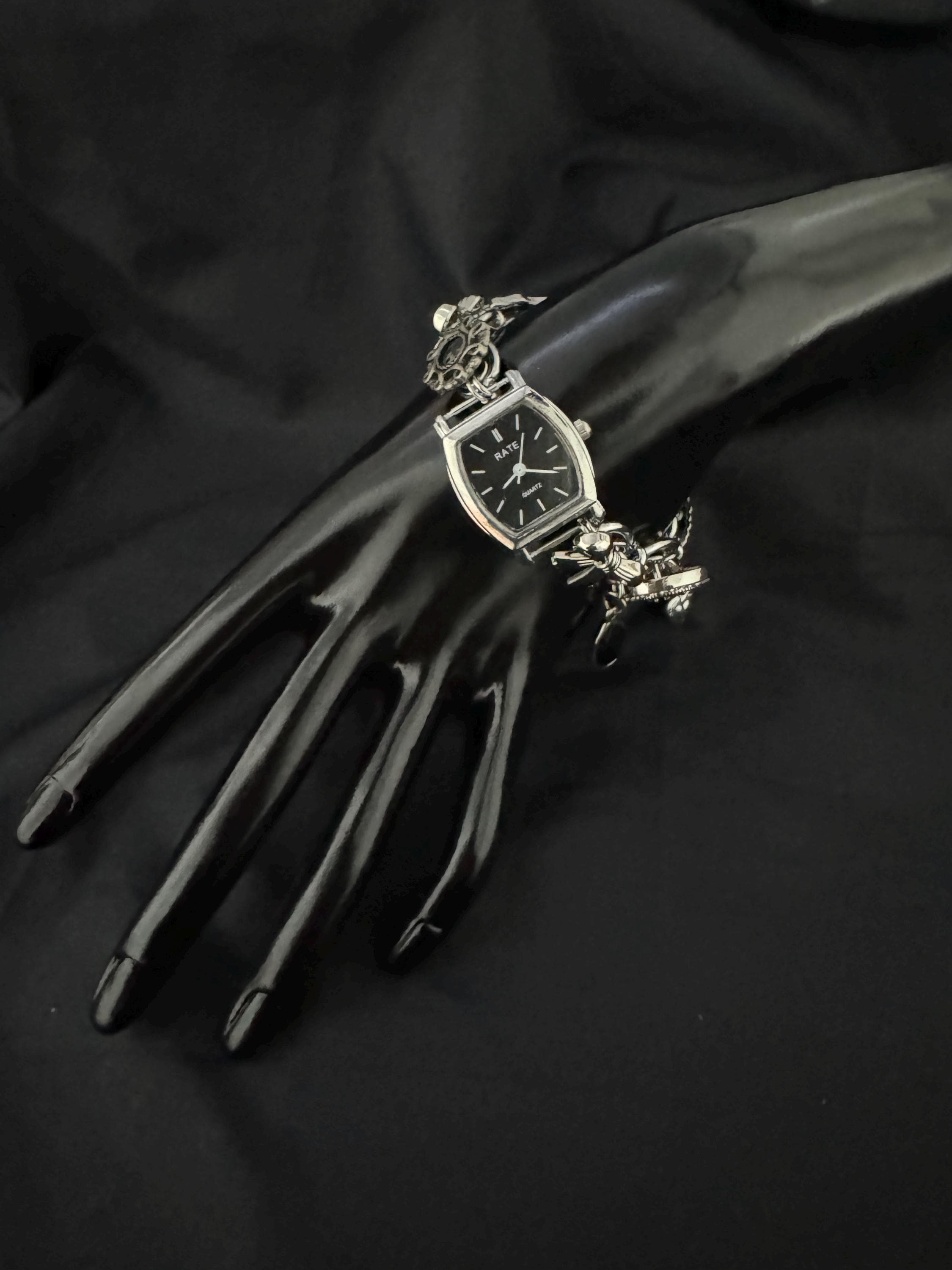 Punk Watch Bracelet | Black & White Y2k Clock Bracelet | Floral Charms Pendent Bracelet | Vintage Women Watch Sliver Chain,Personalized Gift
