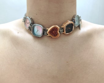 Fünf verschiedene Uhren-Gesichter Choker Halskette, Einzigartige Uhr Halskette, Herz Quarz Uhr, Kunst inspiriert Uhr Halskette, Y2K Trendy Uhr Halskette