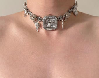 Luxe horloge choker ketting, Y2k klok sieraden funky horloge ketting cyberpunk Y2K grunge ketting, grillige ketting, diamanten ketting