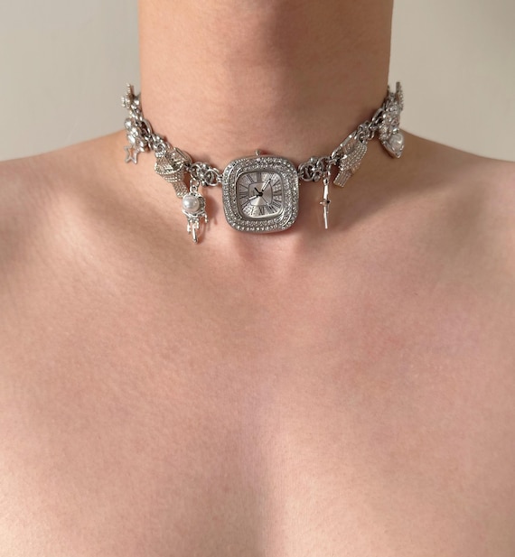 Luxurious Watch Choker Necklace, Y2k Clock jewelry Funky Watch Necklace Cyberpunk Y2K Grunge Necklace,Whimsical Necklace,Diamonds Necklace