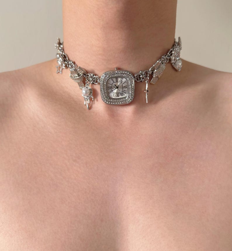 Luxurious Watch Choker Necklace, Y2k Clock jewelry Funky Watch Necklace Cyberpunk Y2K Grunge Necklace,Whimsical Necklace,Diamonds Necklace image 1