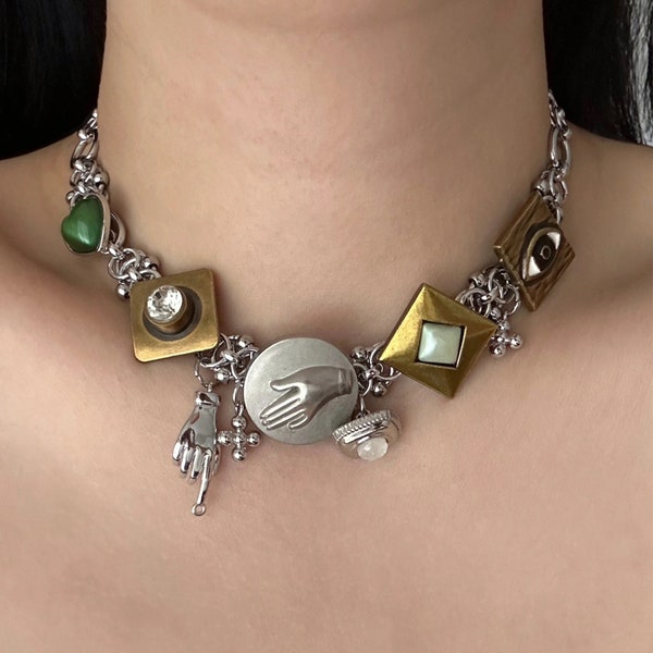 Collier de perles avec bouton en acier au titane, collier chaîne argent Y2k, tour de cou unique, collier Emo unisexe, collier punk charme à la main, cadeau ras de cou Egirl