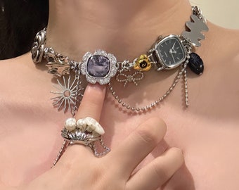 Collier ras de cou montre punk, collier montre génial inspiré de l'art, collier grunge Cyberpunk Y2K, collier fantaisiste, collier Cool tendance