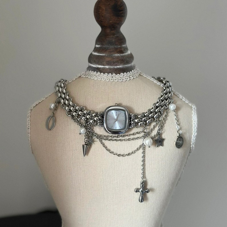 Vintage Watch Choker Necklace, Clock Whimsical Neckalce,Fancy Choker