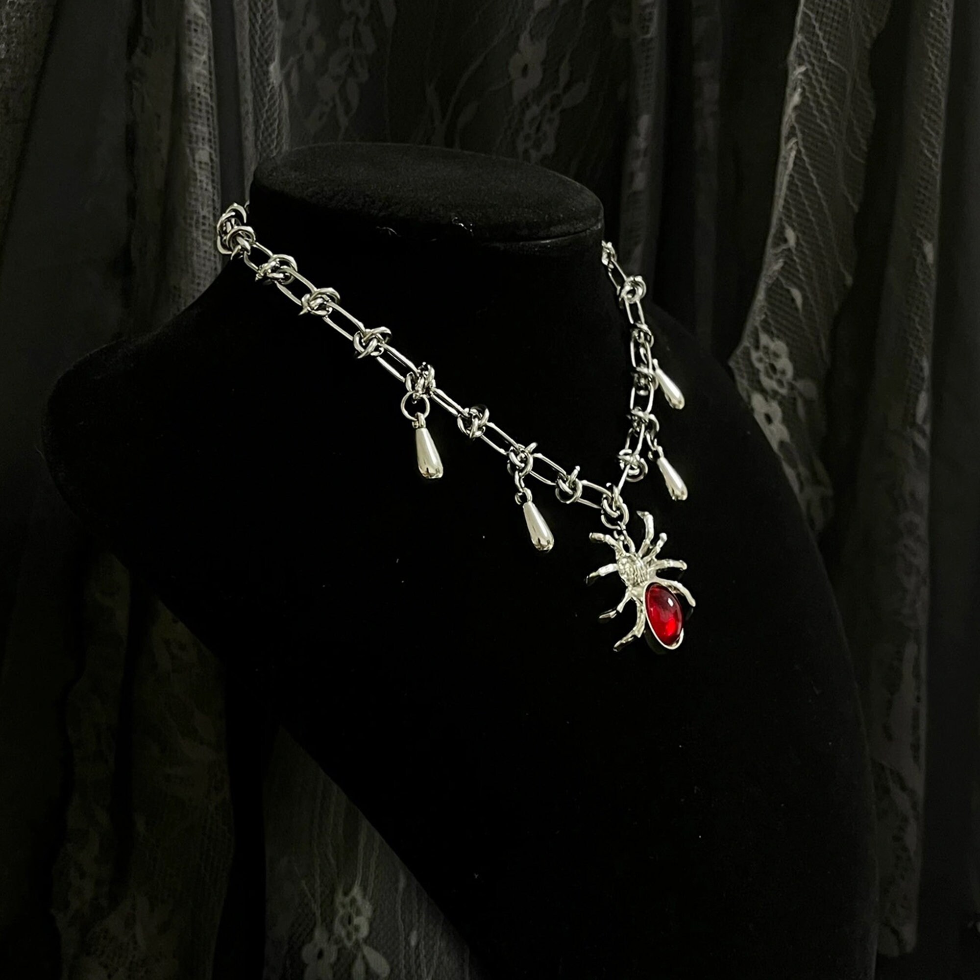 Silver Spider Necklace,gothic Spider Pendent,red Garnet Spider Necklace ...