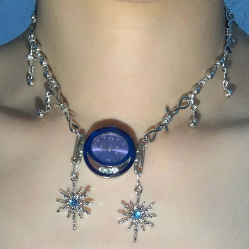 Watch Neckalce,punk Chain Clock Choker,gothic Whimsical Necklace,blue
