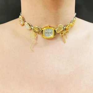 Gold Uhr Choker Halskette, Goldknopf Perlenkette, Trend Clutter Cool Halskette Uhr Halskette, Vintage Schmuck Gold Blume/Bow Charm Choker