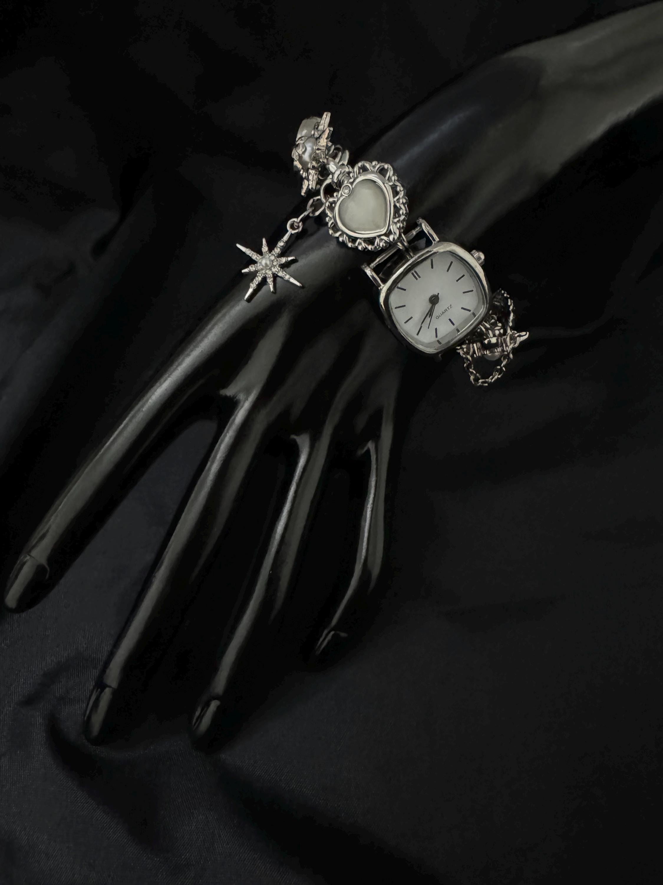 Punk Watch Bracelet | Black & White Y2k Clock Bracelet | Floral Charms Pendent Bracelet | Vintage Women Watch Sliver Chain,Personalized Gift