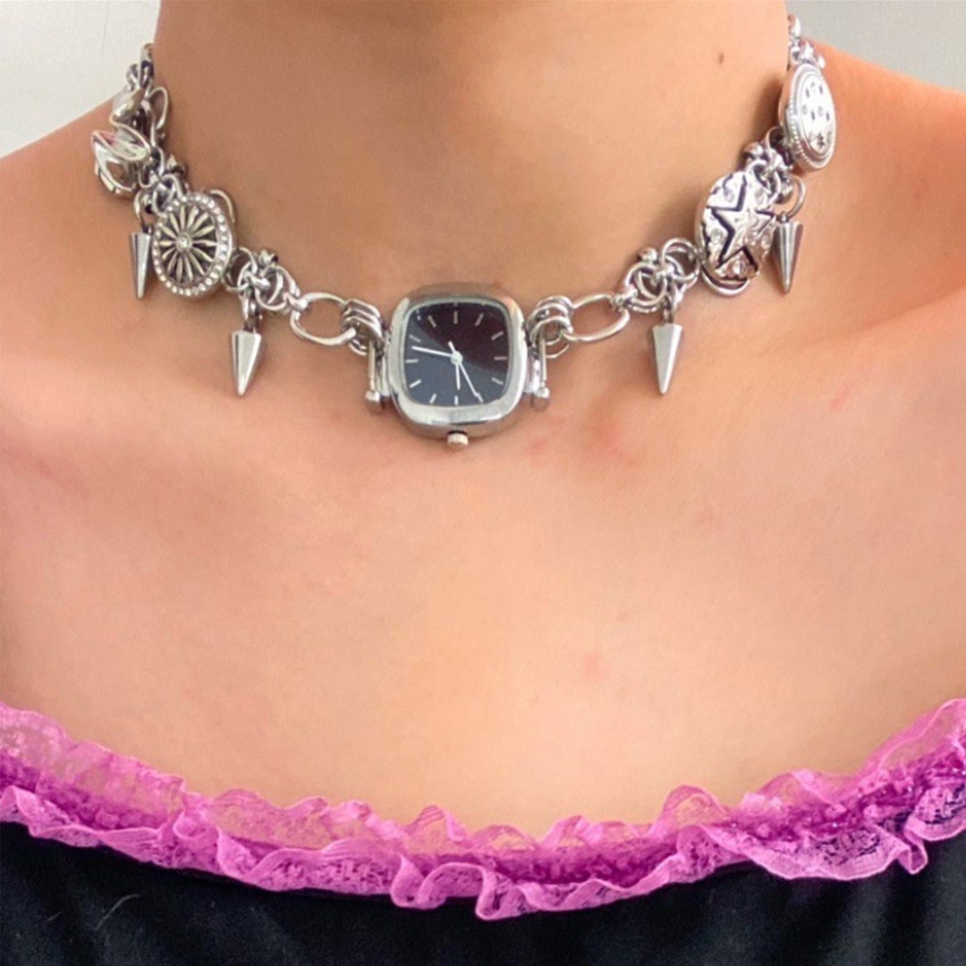 Whimsigoth Watch Choker Necklace,clock Chain Necklace,goth Choker,charm